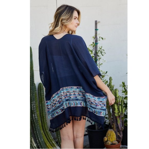 Kimono  Robes Embroidered Trim with Tassels color Navy - Picture 2 of 4